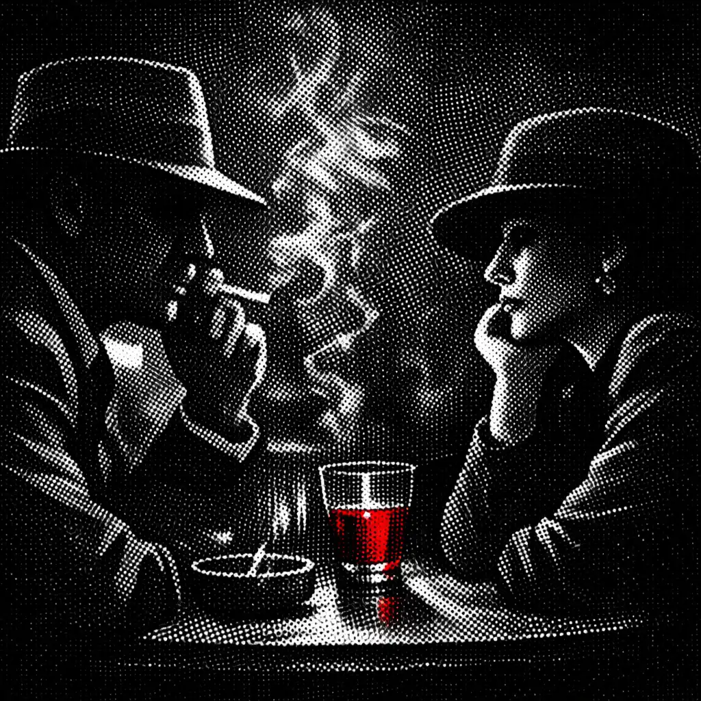 Két ember beszélget noir hangulatban