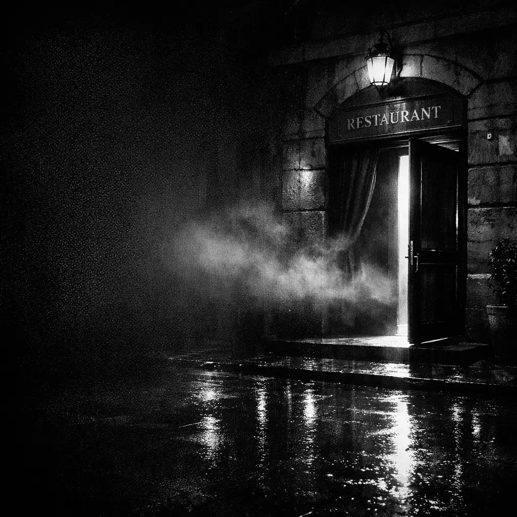 Noir stílusú étterem bejárat éjszaka